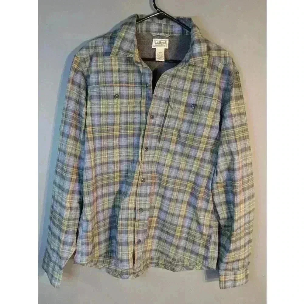Men's L.L.Bean Shirt, M, blue and green/yellow Plaid zip pocket on side